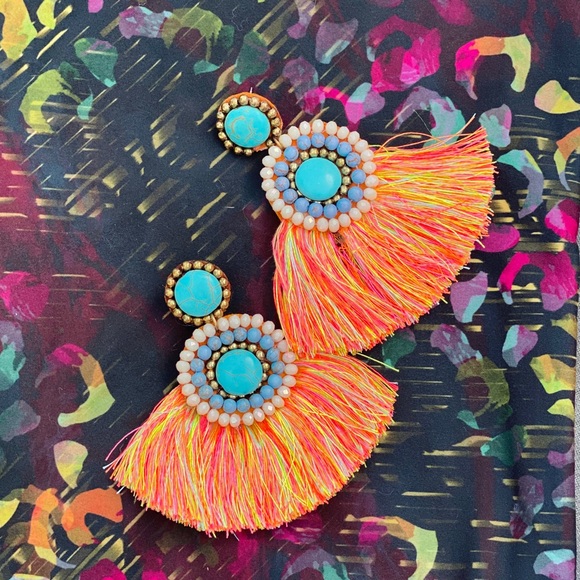 NEIMAN MARCUS Neon Orange & Turquoise Boho Hand Beaded Fringe Statement Earrings - Picture 9 of 15